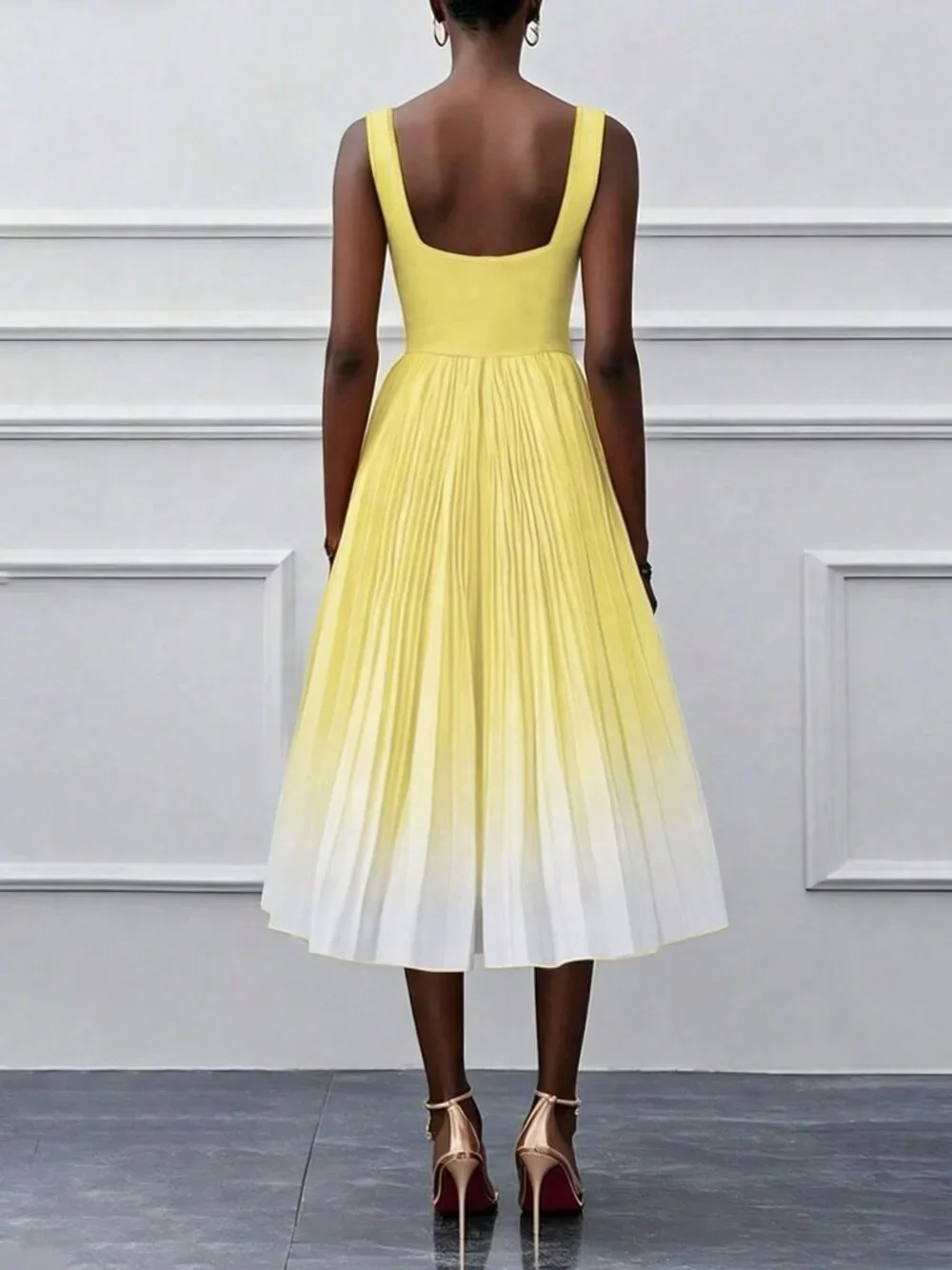 Yellow Elegant Women's Ombre Pleated Sleeveless Zipper Cocktail Dress - Picture 2 of 5